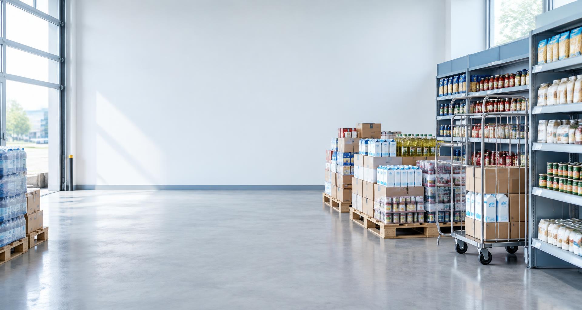 Produits et palettes dans une zone de réception de grande distribution